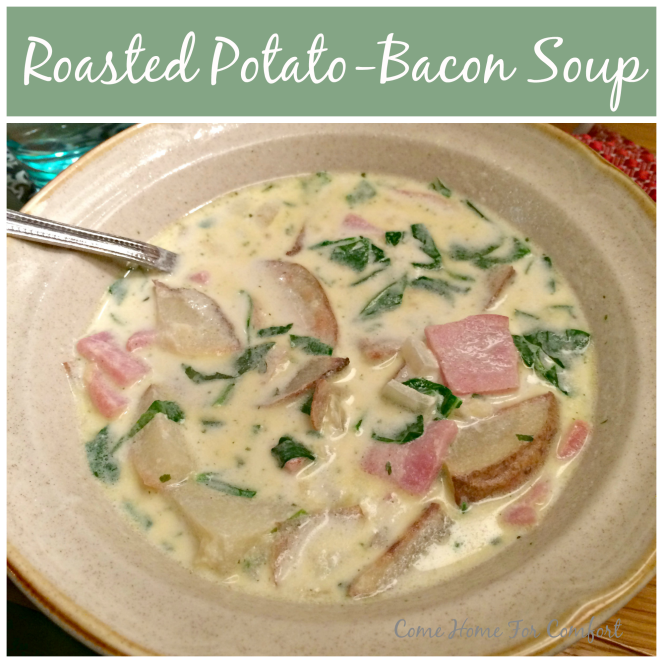 Roasted Potato Bacon Soup via ComeHomeForComfort